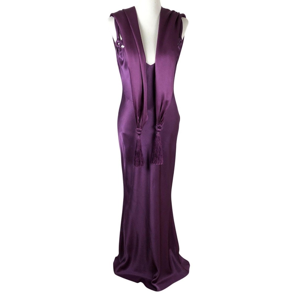 JOHN GALLIANO PARIS Bias Cut Gown + Tassel Scarf Sz 10 Purple Made in France EC - Picture 8 of 16